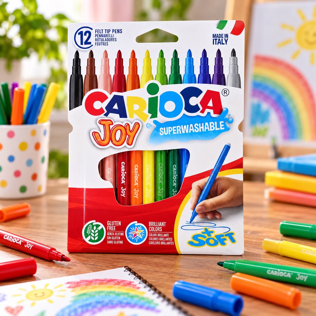 Rotuladores CARIOCA Joy Superwashable de 12 colores, vista frontal del estuche
