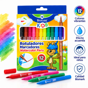 Rotuladores acuarelables BISMARK Kids de 12 colores, vista frontal del estuche
