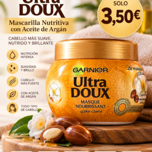 Envase individual de mascarilla capilar nutritiva Garnier Ultra Doux con aceite de argán
