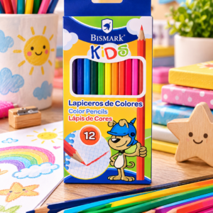 Caja de 12 lápices de colores BISMARK Kids, con diseño infantil, presentada en un escritorio con material escolar.