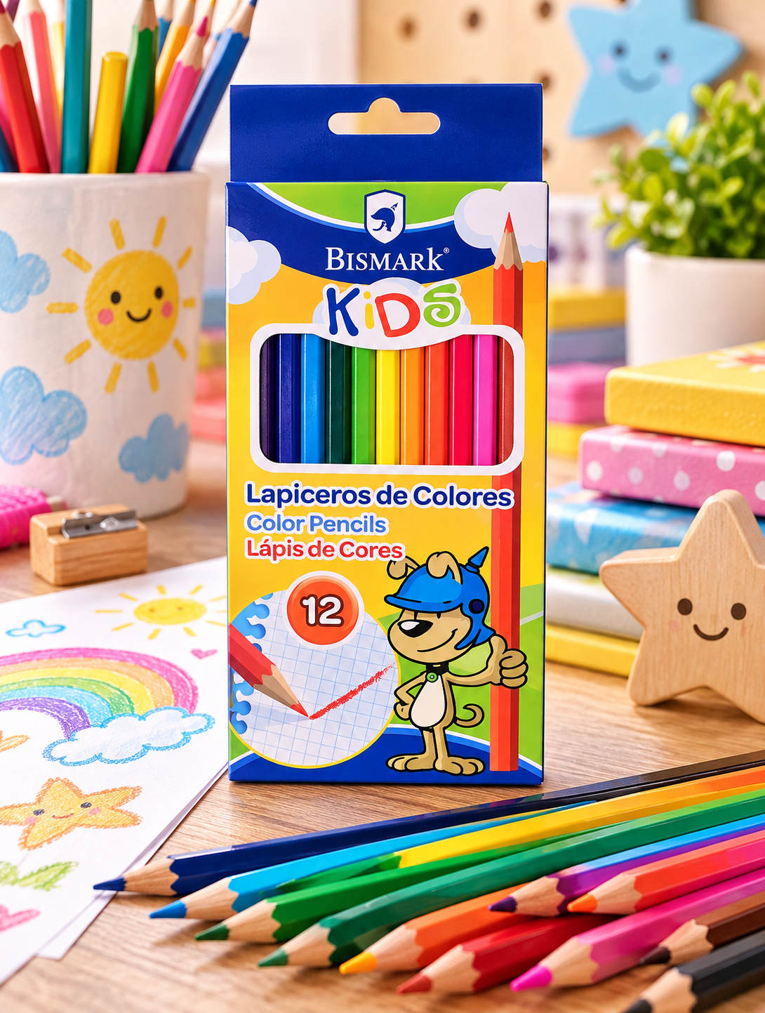 Caja de 12 lápices de colores BISMARK Kids, con diseño infantil, presentada en un escritorio con material escolar.