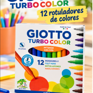 Caja de 12 rotuladores GIOTTO Turbo Color de punta fina, con colores intensos y tinta lavable, presentada junto a dibujos y material escolar.