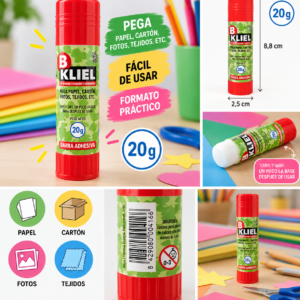Pegamento en barra KLIEL de 20 g con envase rojo y etiqueta verde, presentado con papel de colores y materiales para manualidades.