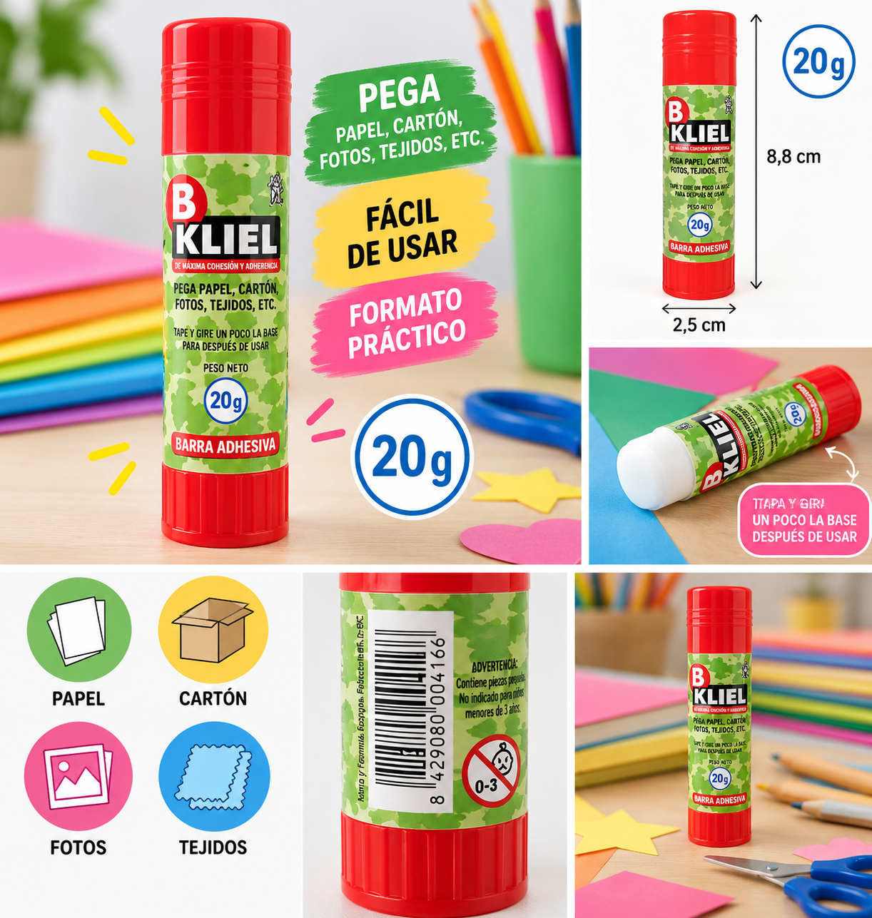 Pegamento en barra KLIEL de 20 g con envase rojo y etiqueta verde, presentado con papel de colores y materiales para manualidades.