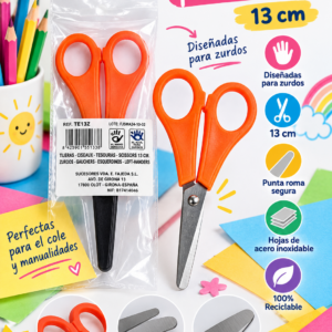 Tijeras escolares FAIBO para zurdos de 13 cm, con mangos naranjas, punta roma y hojas de acero inoxidable.