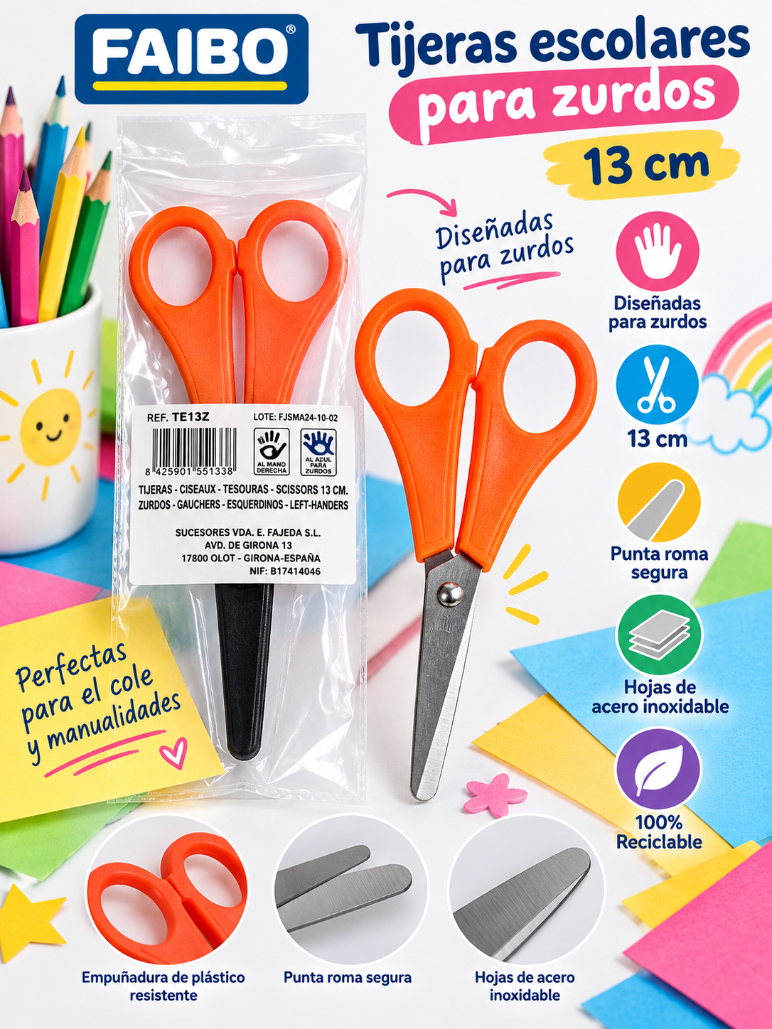 Tijeras escolares FAIBO para zurdos de 13 cm, con mangos naranjas, punta roma y hojas de acero inoxidable.